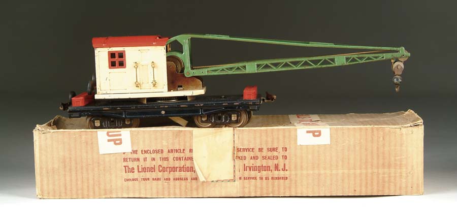 Appraisal: LIONEL STANDARD GAUGE WHITE CRANE Red roof green boom red