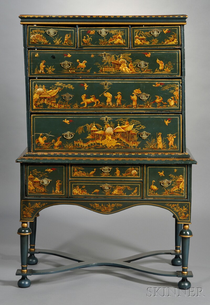 Appraisal: Japanned Chest-on-stand England William Mary-style top portion with a row