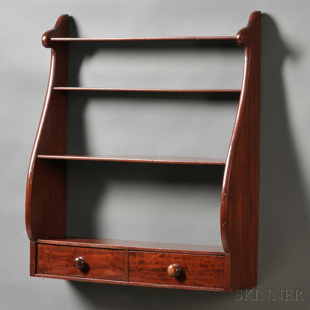 Appraisal: Mahogany Whale-end Shelf with Two Drawers America early th century