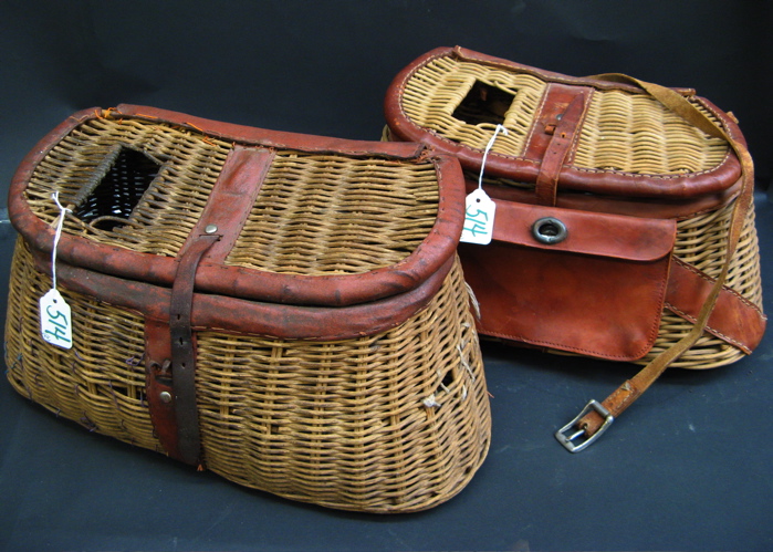 Appraisal: TWO WICKER AND LEATHER FISHING CREELS One with leather pouch