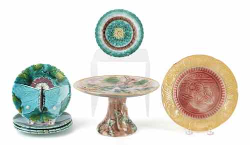 Appraisal: Majolica cake stand h dia together with six Majolica plates