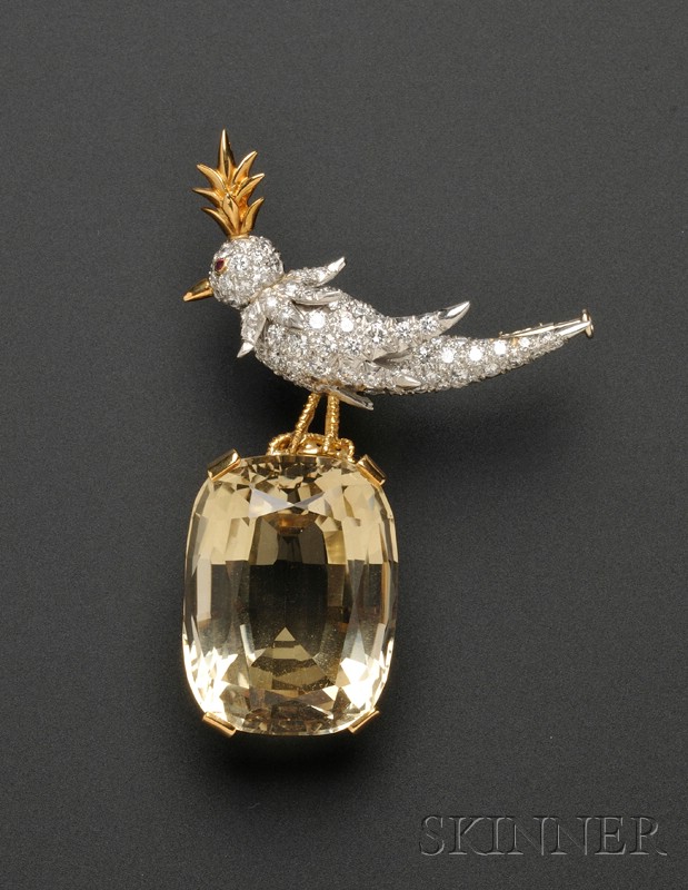 Appraisal: Citrine and Diamond Bird on Rock Brooch Schlumberger Tiffany Co