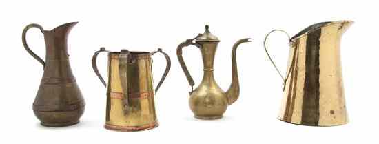 Appraisal: Four Russian Hammered Brass Articles comprising a milk pitcher a