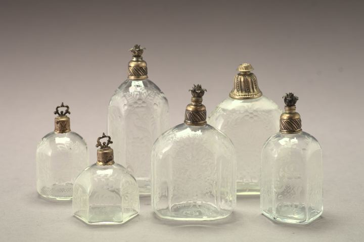 Appraisal: Interesting Collection of Six Silver-Capped Engraved Glass Scent Bottles second