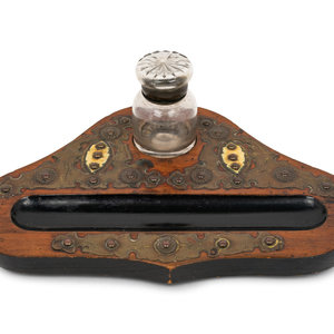 Appraisal: A Victorian Brass-Mounted Walnut Ink Stand Late th Century Width