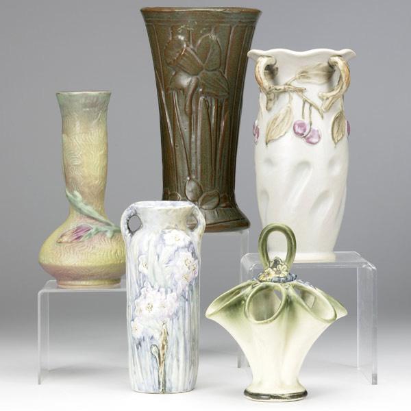 Appraisal: WELLER Five items Orris vase with daffodils Melrose vase with