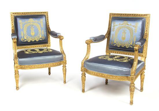 Appraisal: Pair of Louis XVI Giltwood Armchairs th century having lavender