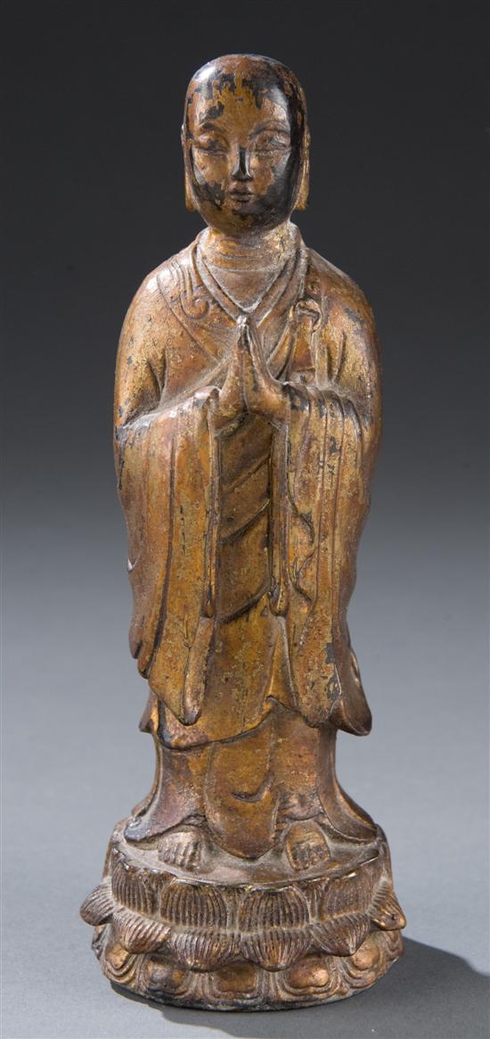 Appraisal: Chinese gilded bronze Lohan Depiction of a Chinese Lohan wearing