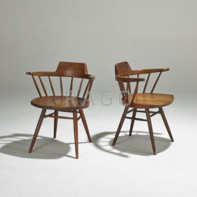 Appraisal: GEORGE NAKASHIMA Pair walnut of Captain s chairs New Hope