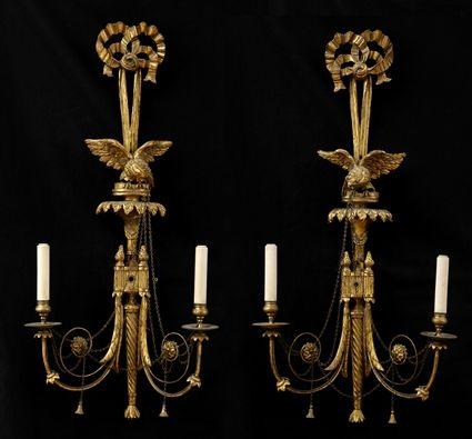 Appraisal: PAIR OF GEORGE III-STYLE CARVED GILTWOOD TWO-LIGHT WALL APPLIQU S