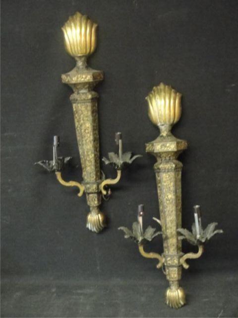 Appraisal: Pair of Arm Brass Sconces Style of Caldwell with etched