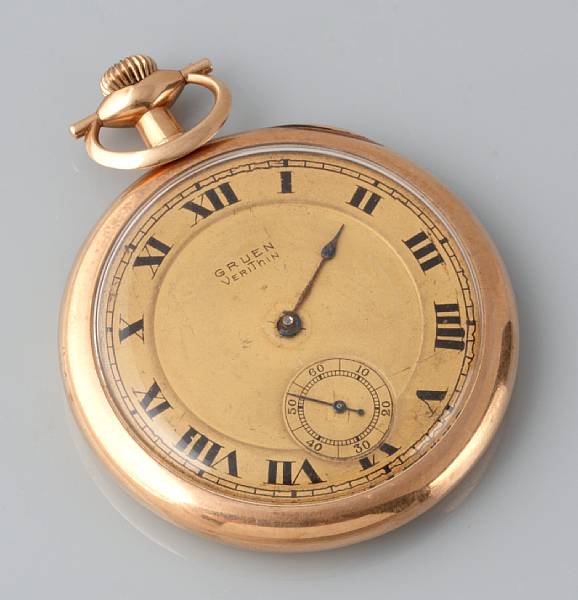 Appraisal: A k gold open face pocket watch Gruen Verithin model