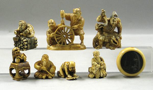 Appraisal: A group of eight ivory netsuke and okimono carvings Including