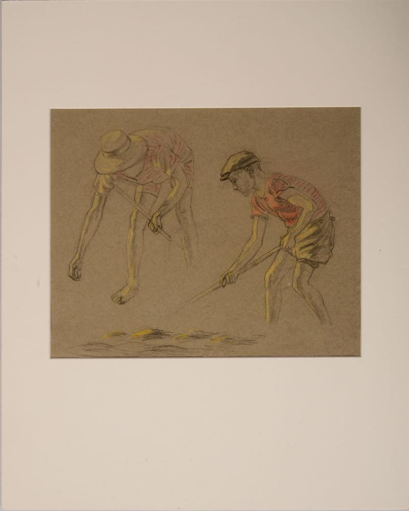 Appraisal: TH CENTURY SCHOOL CLAM DIGGERS Colored chalk on brown paper