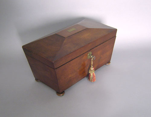 Appraisal: English mahogany tea caddy th c h x w