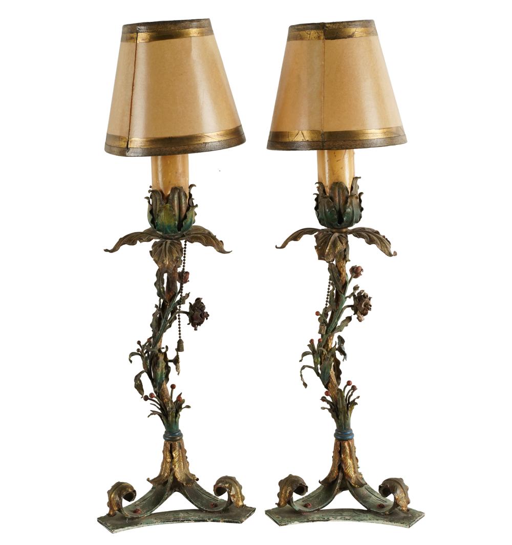 Appraisal: PAIR OF PAINTED TOLE CANDLESTICK LAMPSeach with a single socket