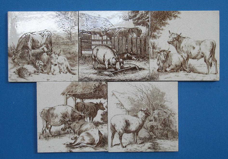 Appraisal: A SET OF FIVE VICTORIAN POTTERY TILES transfer printed with