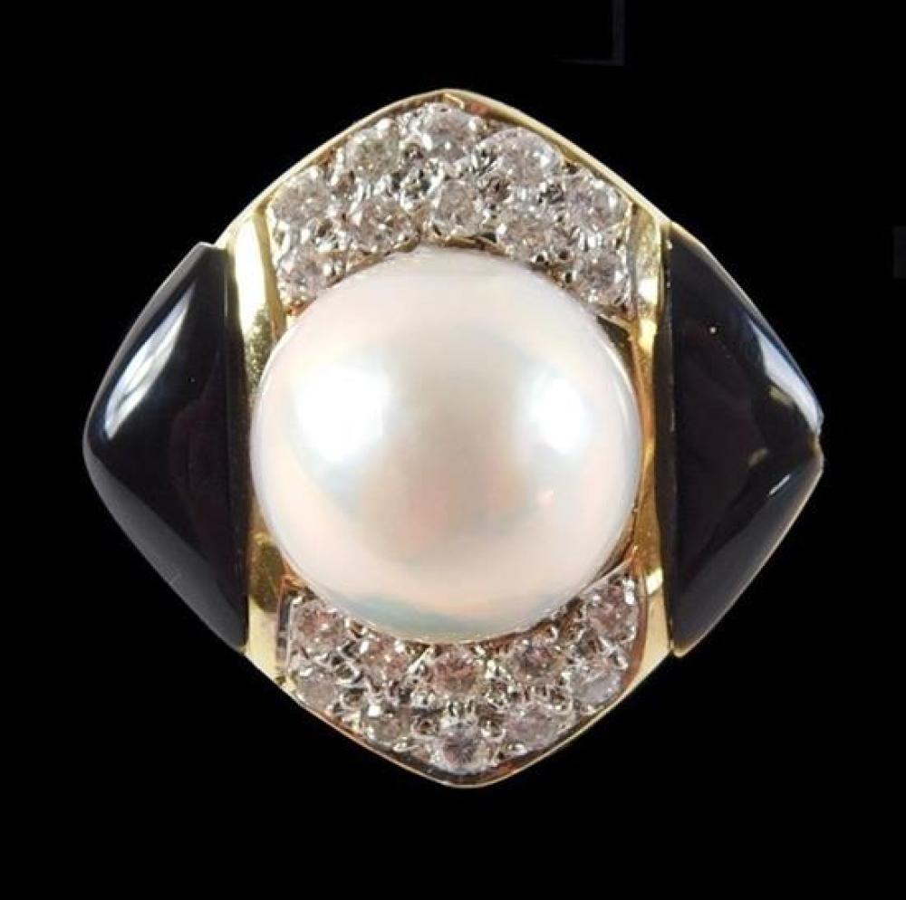 Appraisal: JEWELRY K Mabe' Pearl Diamond and Onyx Ring stamped and