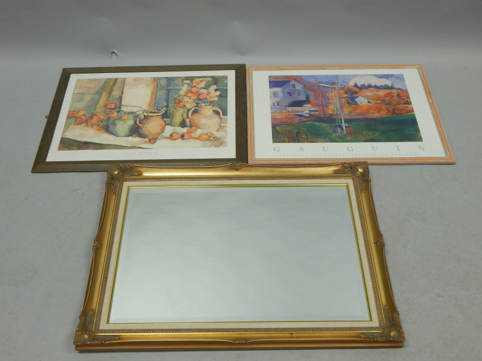 Appraisal: A modern gilt wall mirror and two framed prints