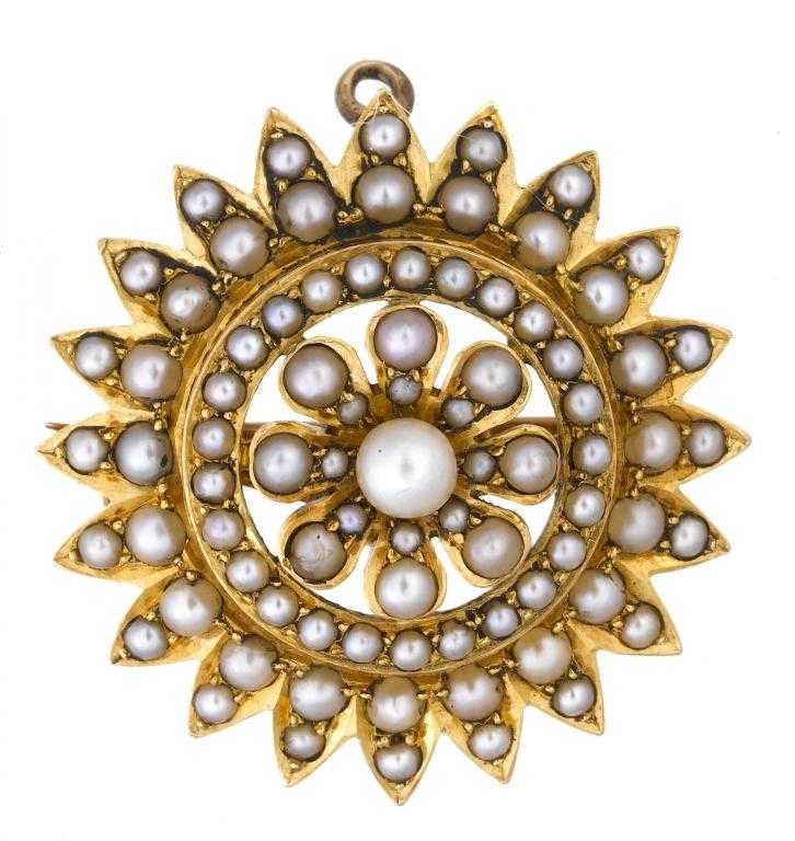 Appraisal: A SEED PEARL SUNFLOWER CLUSTER BROOCH-PENDANT in gold c