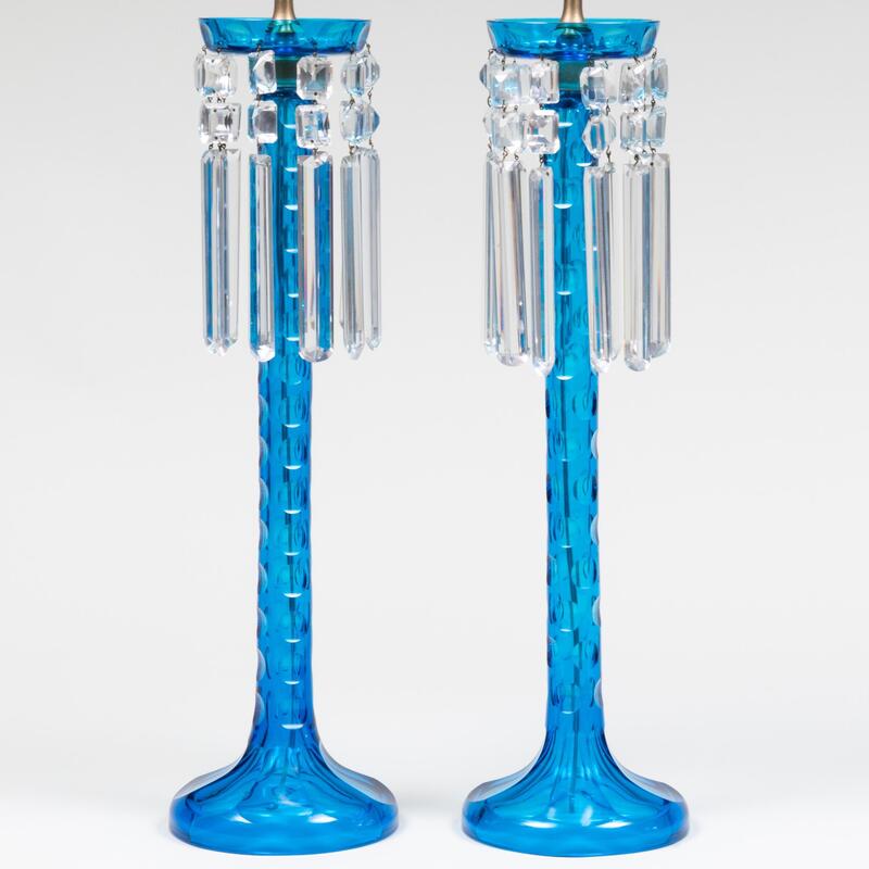 Appraisal: Pair of Blue Glass Lusters Mounted as Lamps Possibly Baccarat