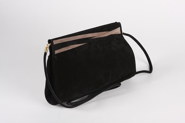 Appraisal: Salvatore Ferragamo black suede handbag with taupe accent shoulder strap