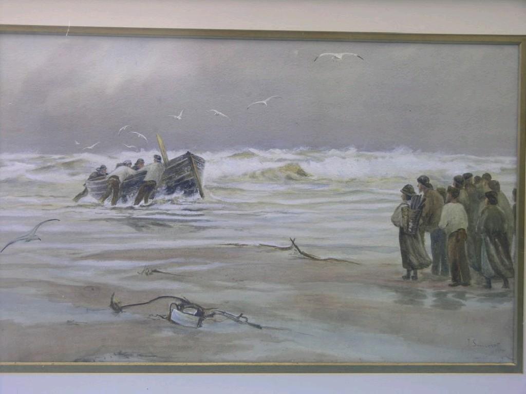 Appraisal: J Somerset - watercolour fishermen landing in rough waters signed