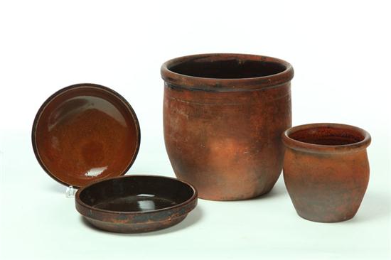 Appraisal: FOUR PIECES OF REDWARE American mid th century Crock and