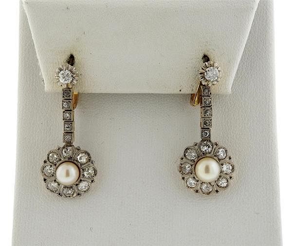 Appraisal: Art Deco K Gold Diamond Pearl Dangle Earrings METAL K