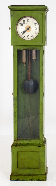 Appraisal: RUSTIC MODERN GREEN PAINTED WOOD TALL CASE CLOCK Rustic Modern