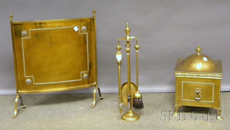 Appraisal: Regency-style Brass Coal Hod Fireplace Screen and Set of Four