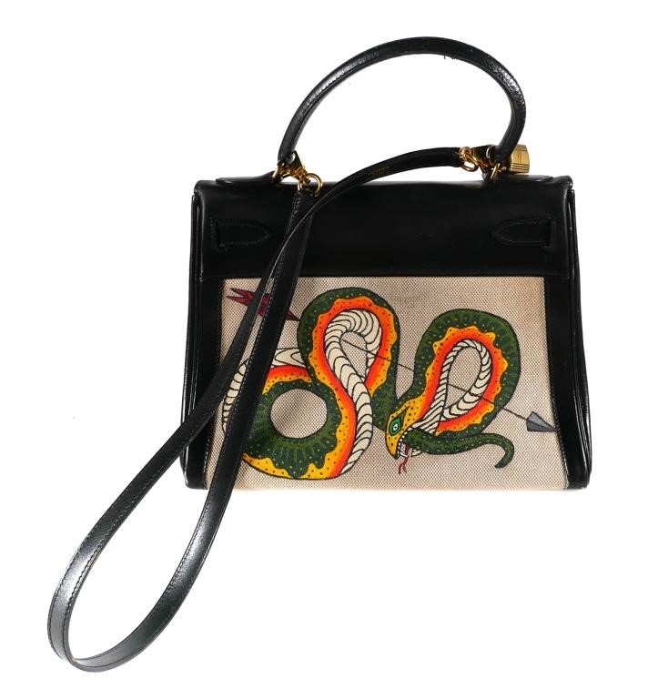 Appraisal: Hermes Kelly in toile canvas with black calf box leather