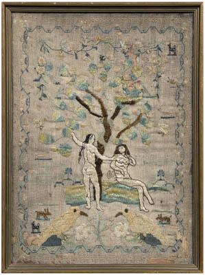 Appraisal: Adam and Eve silk needlework large tree with snake over