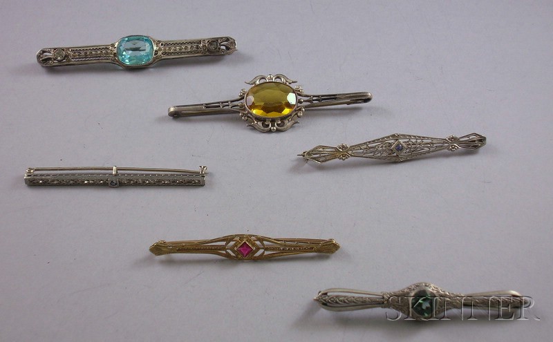 Appraisal: Six Antique Gem-set Bar Pins one in kt yellow gold