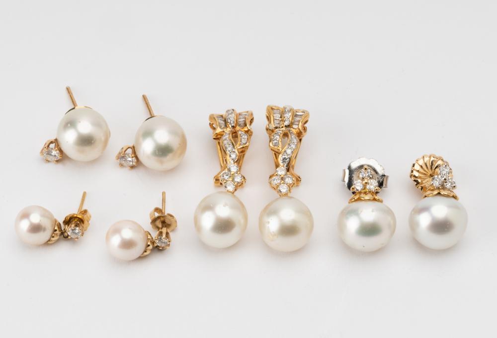 Appraisal: FOUR PAIRS OF YELLOW GOLD DIAMOND PEARL EARRINGScomprising one pair