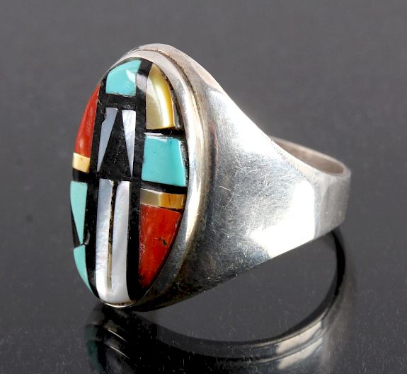 Appraisal: Signed Zuni Sterling Silver Inlaid Mosaic Ring This is a