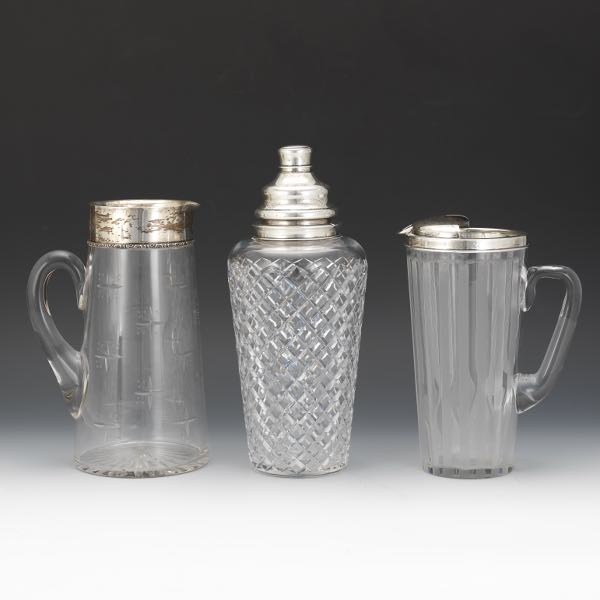 Appraisal: OVERSIZED PARTY COCKTAIL SHAKER TWO SILVER RIM PITCHERS - x