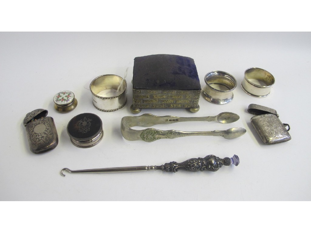 Appraisal: Box of miscellaneous silver and plate vestas pill boxes napkin