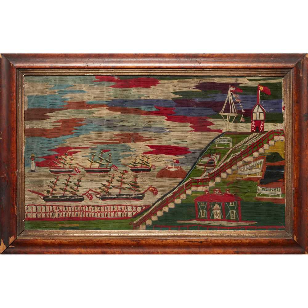 Appraisal: SAILOR'S WOOLWORK PICTURE TH CENTURY depicting five rigged ships by