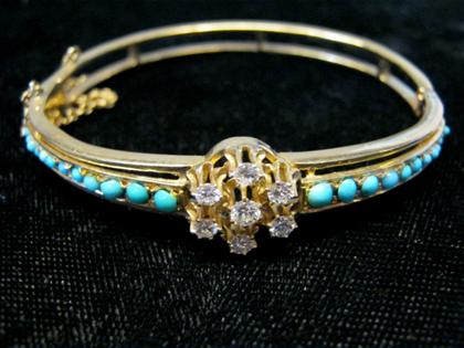 Appraisal: karat yellow gold diamond and turquoise bangle braceletSet with twenty-three