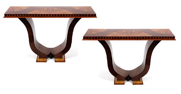 Appraisal: A pair of Art Deco style sunburst inlaid consoles height