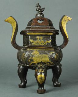 Appraisal: Chinese Gilt Bronze Censer Zoomorphs Chinese gilt bronze tripod censer