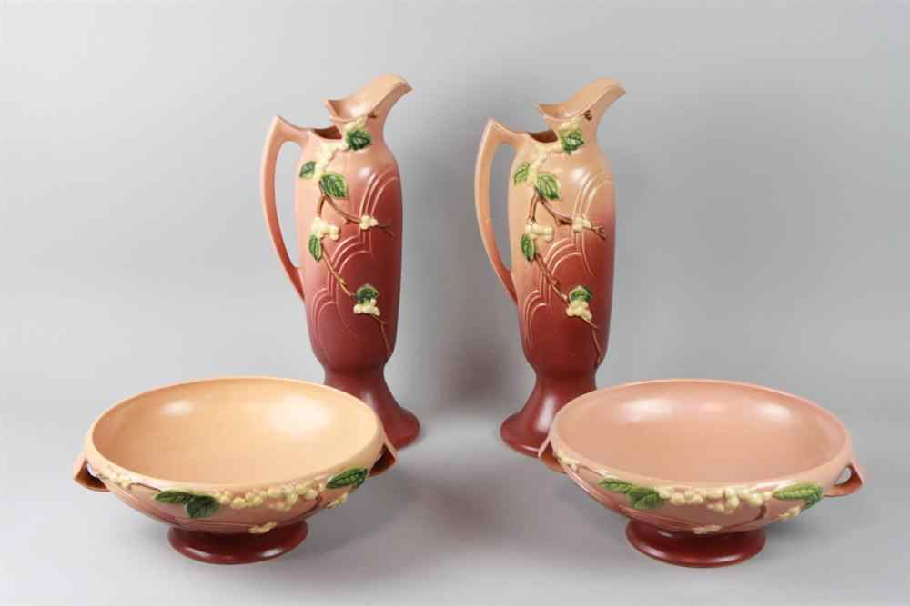 Appraisal: TWO ROSEVILLE SNOWBERRY PATTERN TALL EWERS including footed centerpiece bowls