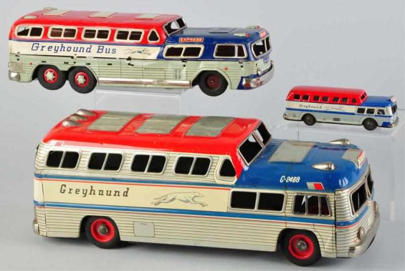 Appraisal: Lot of Tin Greyhound Bus Friction Toys Description Japanese Three