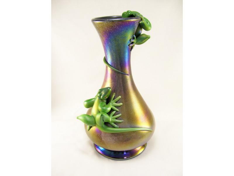 Appraisal: Iridescent Vase with Lizard Motif Bottle form glass vase with