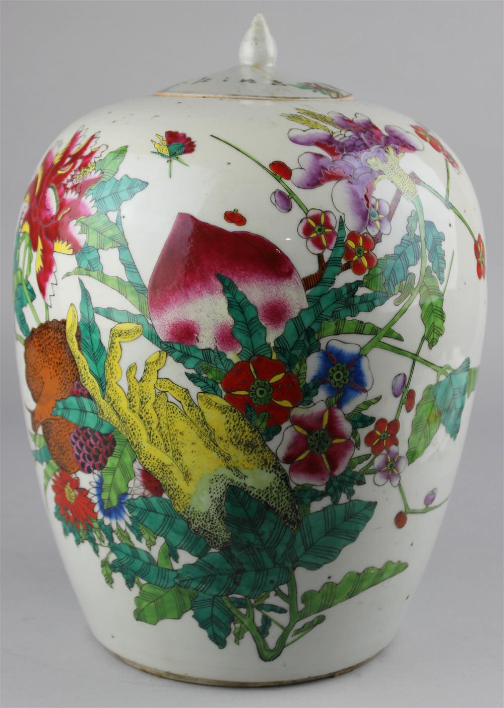 Appraisal: CHINESE FAMILLE ROSE JAR AND COVER of tapering ovoid form