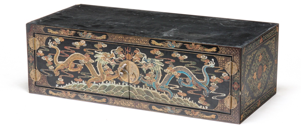 Appraisal: CHINESE LACQUERED CONSOLE CABINET Mid th century Black lacquer with