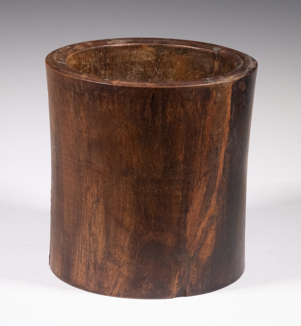 Appraisal: CHINESE WOODEN BRUSH POT Large Carved Hardwood Cylindrical Brush Pot