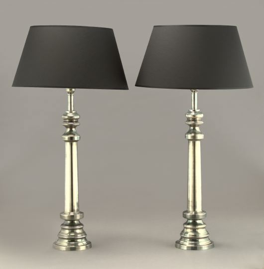 Appraisal: Tall Large Pair of French Nickel Cylindrical Table Lamps on