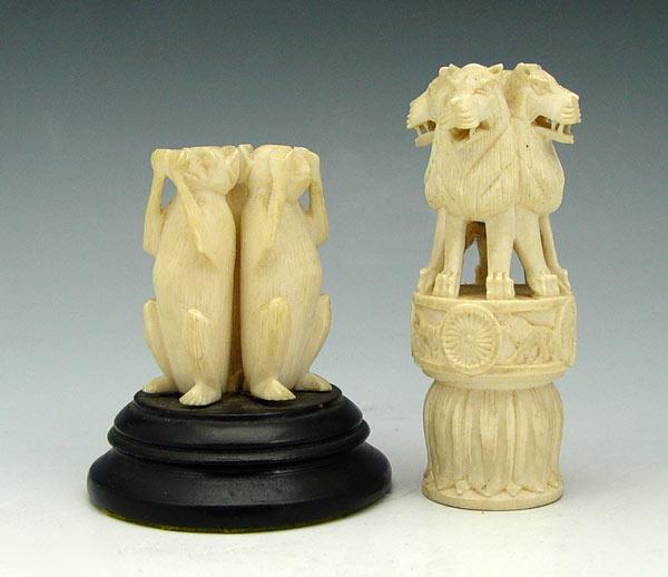 Appraisal: PIECE CARVED IVORY LIONS MONKEYS To include carved lions on